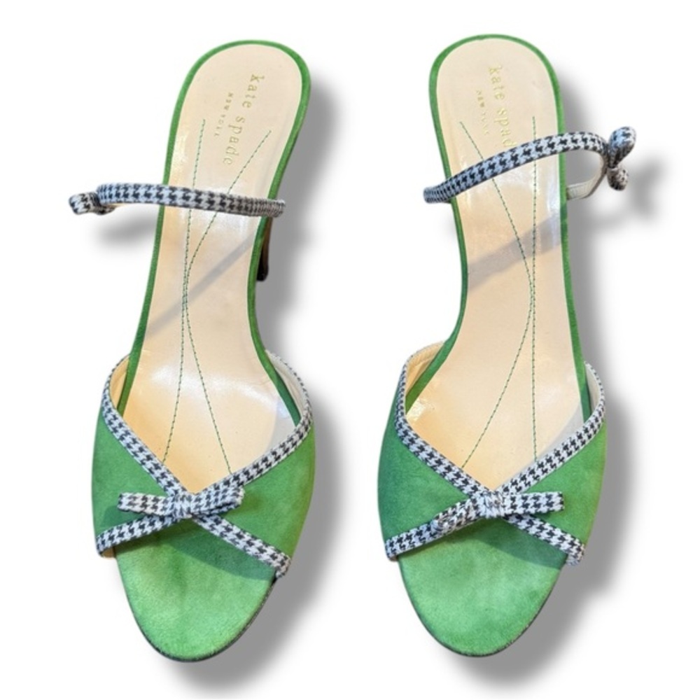 kate spade Green Suede Open-Toe Heels with Houndstooth Trim
